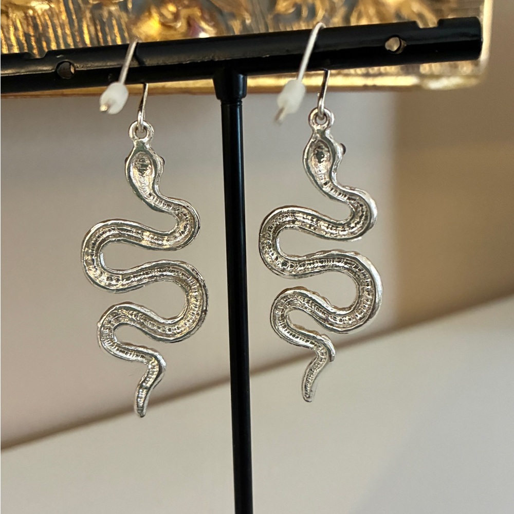 Silver Snake Earrings Black Crystal Eyes - Picture 3 of 3